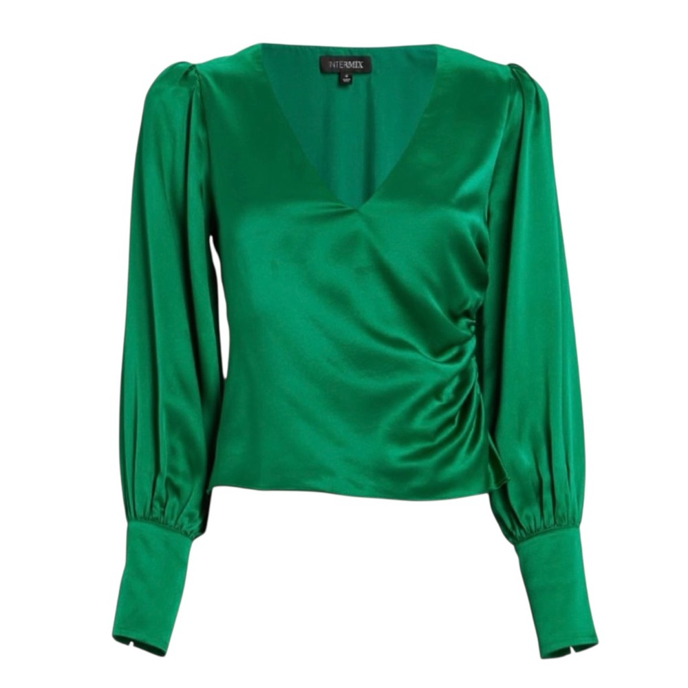 INTERMIX Ashley Emerald Green Silk Satin Long Sleeve Blouse 0